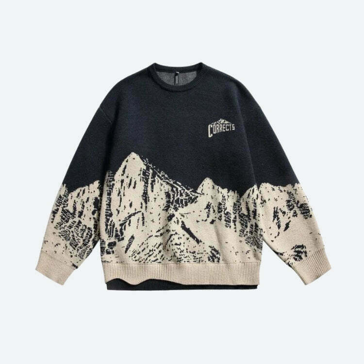 Vintage Mountain Knitted Sweater - Aesthetic Y2K Style with Unique Embroidery and Cozy Fit