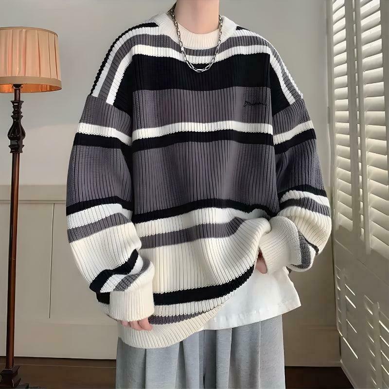 Vintage Striped Knitted Sweater - Y2K Aesthetic Cat & Skeleton Design, Cozy & Unique Style