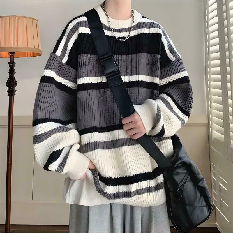 Vintage Striped Knitted Sweater - Y2K Aesthetic Cat & Skeleton Design, Cozy & Unique Style