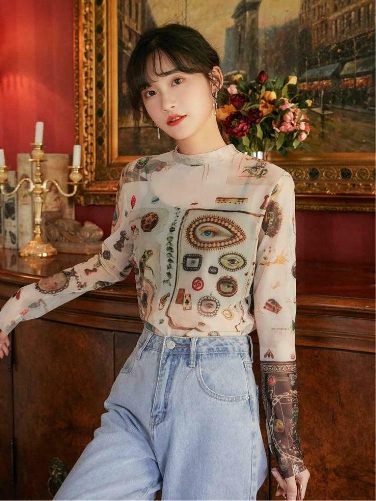 Vintage Symbols Sheer Top - Y2K Style Bow Tie Crop Top with Denim Tube Design