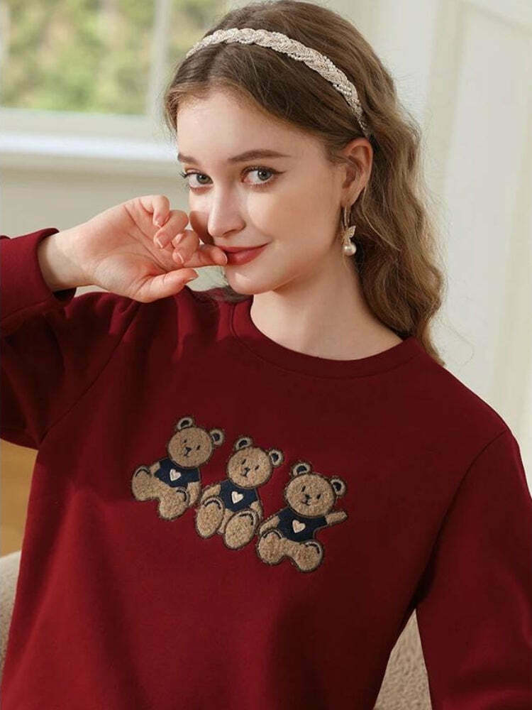 Vintage Teddy Bears Embroidered Sweatshirt - Aesthetic Corduroy Graphic Y2K Style