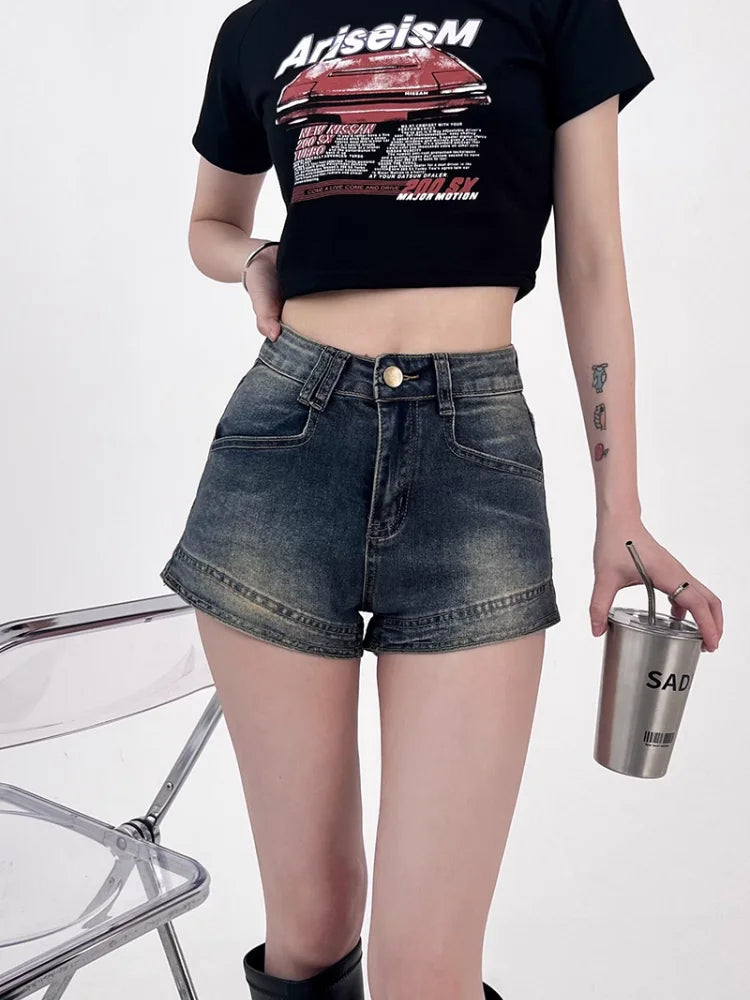 Vintage Y2K Grunge Denim Shorts with Rhinestone Fringe and Embroidered Details