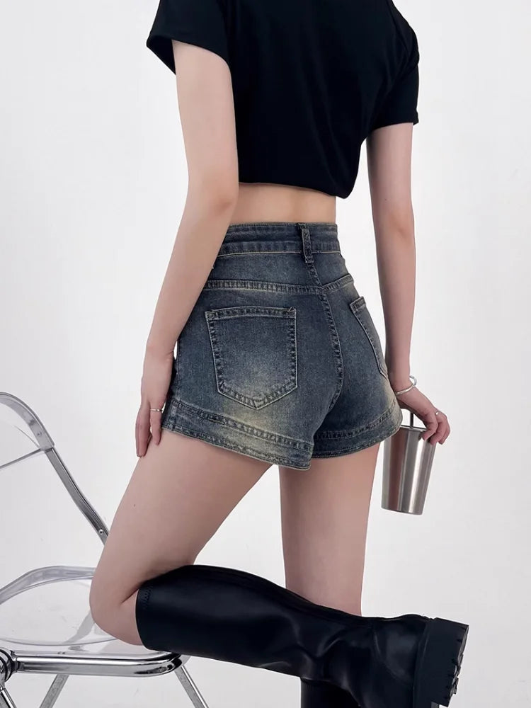 Vintage Y2K Grunge Denim Shorts with Rhinestone Fringe and Embroidered Details