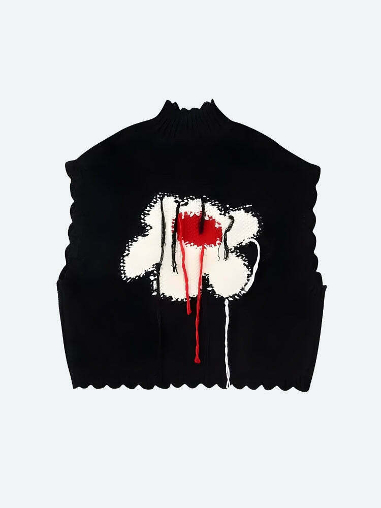 Weirdcore Flower Embroidered Knitted Sweater Vest - Colorful Y2K Aesthetic Zip-Up Design