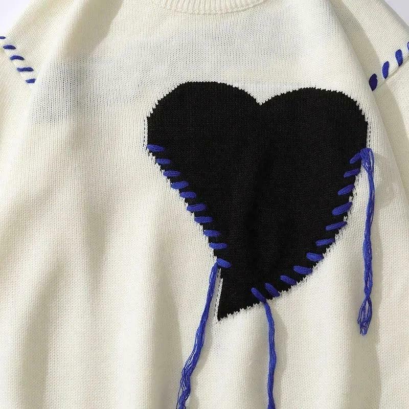 Weirdcore Heart Embroidered Sweater - Y2K Aesthetic Cat & Skeleton Design for Trendy Style