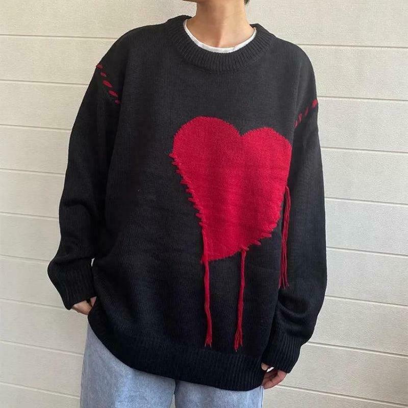 Weirdcore Heart Embroidered Sweater - Y2K Aesthetic Cat & Skeleton Design for Trendy Style