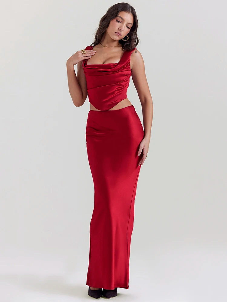 Wine Satin Corset Top & Maxi Skirt Two Piece Set - Chic Y2K Satin Fashion Ensemble