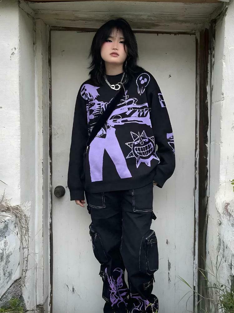 Y2K Aesthetic Anime Knitted Sweater - Cozy Gengar Hoodie with Unique Skeleton Design