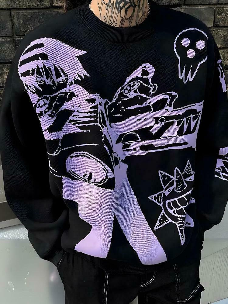 Y2K Aesthetic Anime Knitted Sweater - Cozy Gengar Hoodie with Unique Skeleton Design