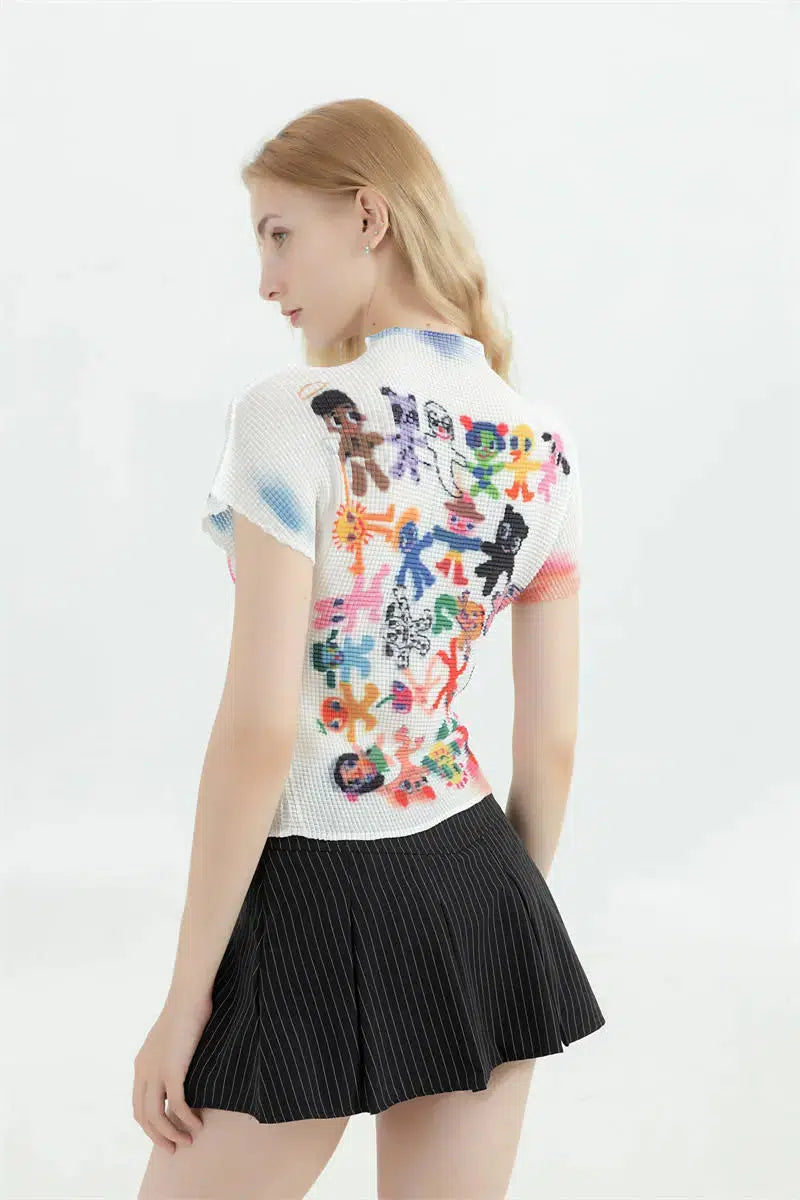 Y2K Cartoon Figures Printed Crop Top with Bow Tie Detail - Trendy Fairy Style Top