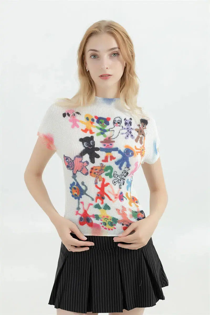 Y2K Cartoon Figures Printed Crop Top with Bow Tie Detail - Trendy Fairy Style Top