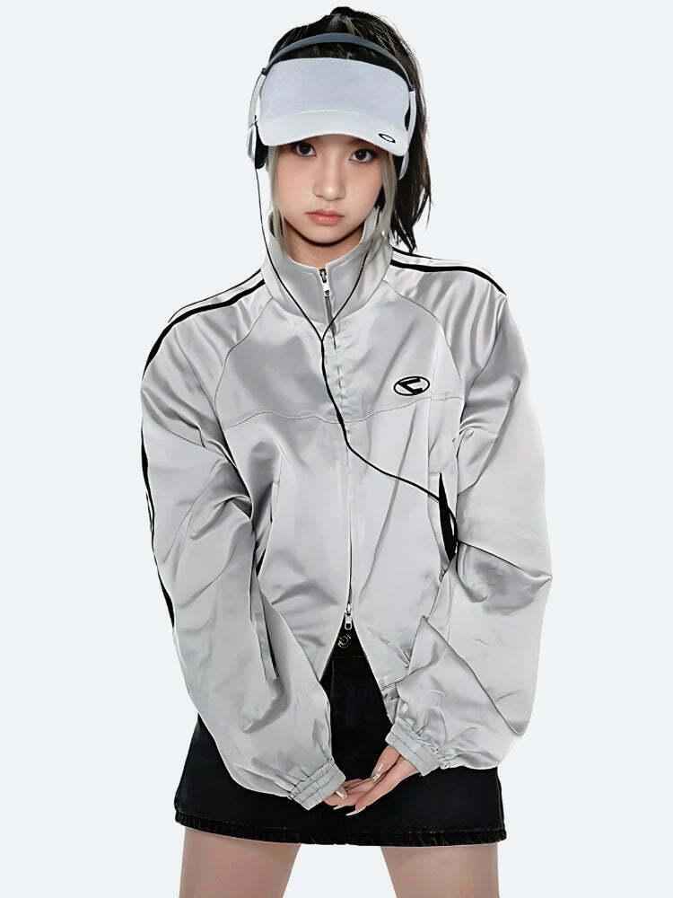 Y2K Cyberpunk Reflective Double Zip-Up Jacket - Trendy Color Block Baggy Varsity Style