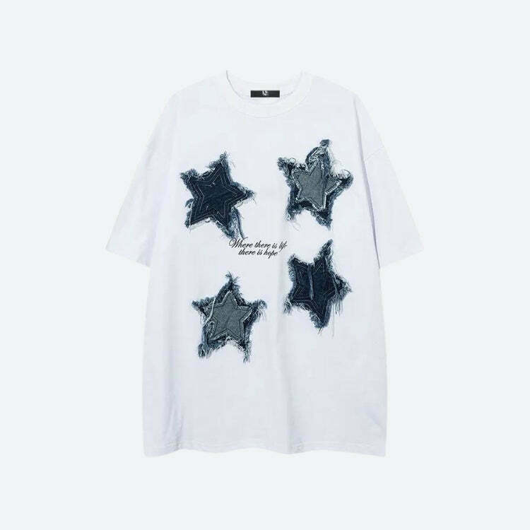 Y2K Denim Star Patchwork Tee - Trendy Graphic Tee with Unique Patchwork Design