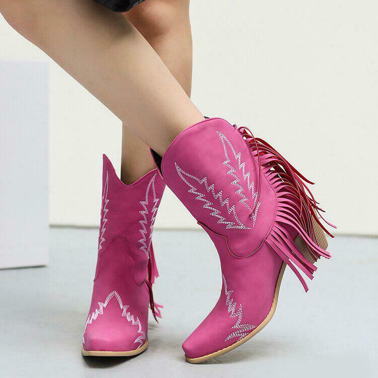 Y2K Disco Cowgirl Fringe Ankle Boots with Rhinestone Detail - Trendy Split Toe Design