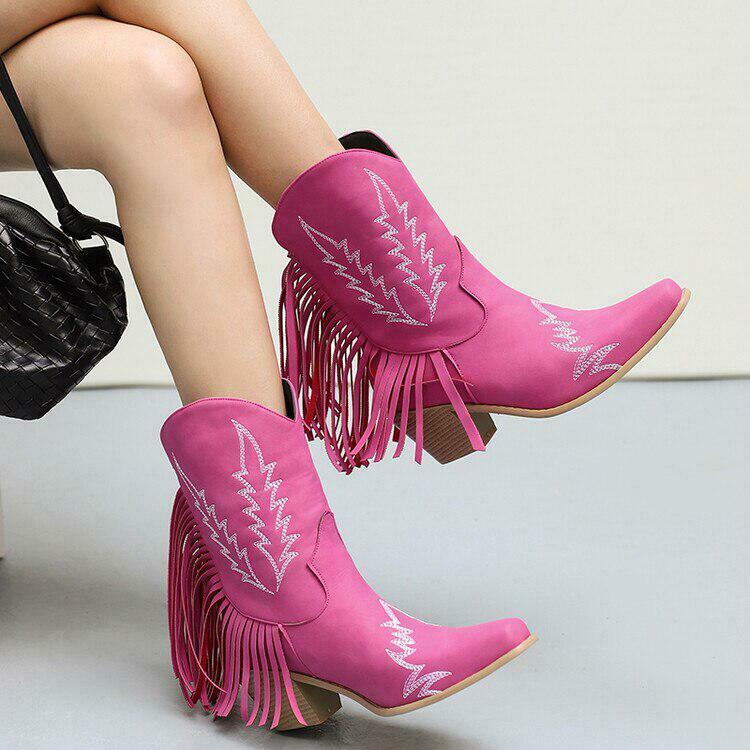 Y2K Disco Cowgirl Fringe Ankle Boots with Rhinestone Detail - Trendy Split Toe Design