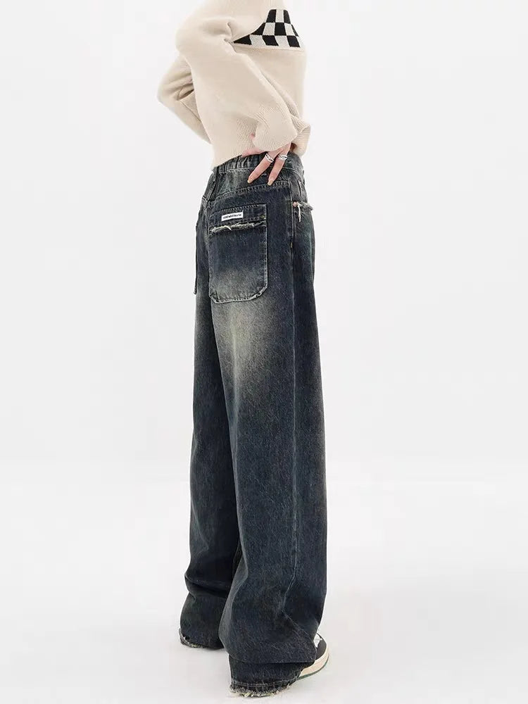 Y2K Distressed Wide Leg Jeans with Pockets - Trendy Brown Washed Baggy Style for All