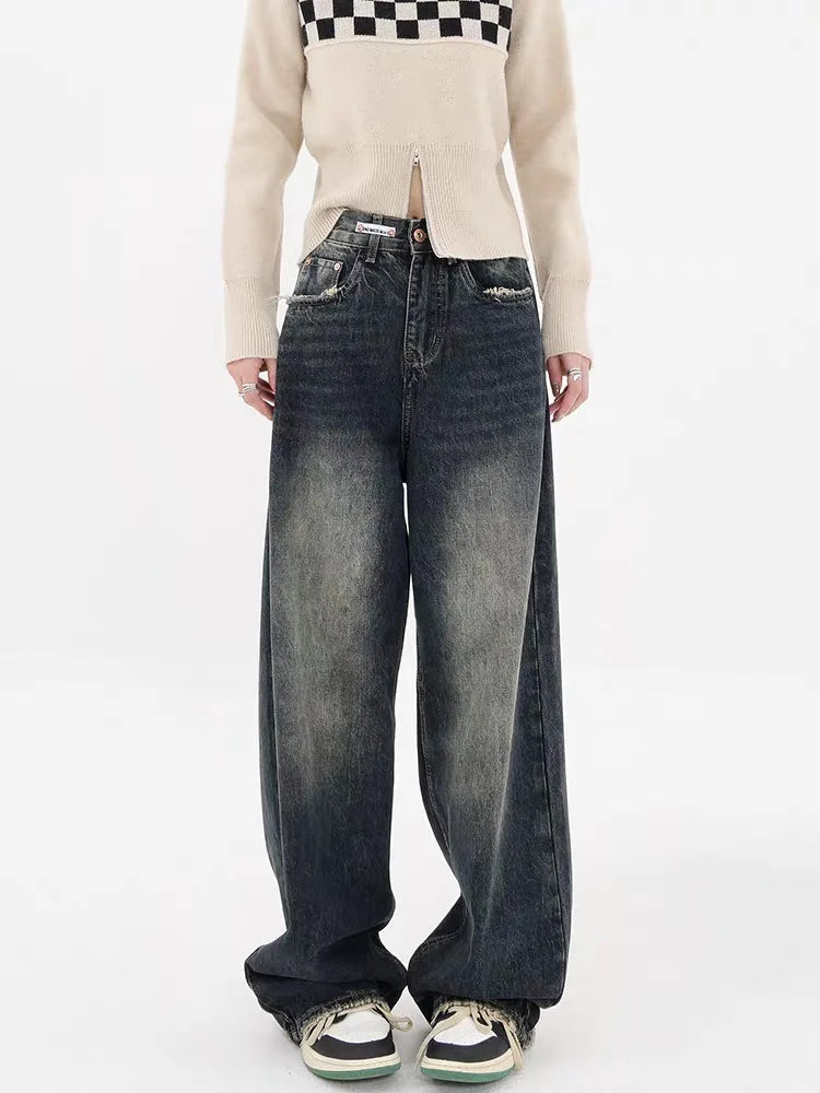 Y2K Distressed Wide Leg Jeans with Pockets - Trendy Brown Washed Baggy Style for All