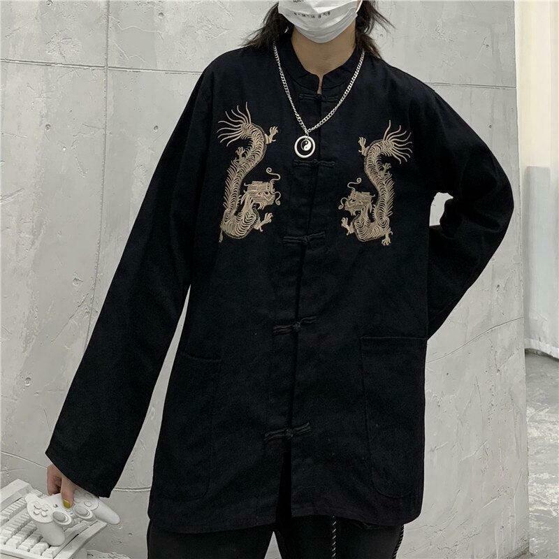 Y2K Dragon Embroidery Mandarin Collar Shirt - Aesthetic Vintage Style for Trendy Looks