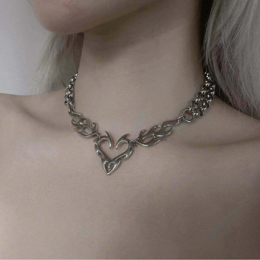 Y2K Flaming Heart Necklace - Trendy Heart Pendant for Stylish Coquette Fashion Lovers