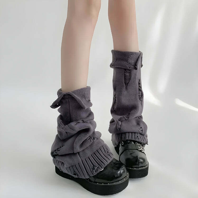 Y2K Grunge Distressed Knitted Leg Warmers - Vintage Aesthetic Faux Fur Arm Warmers