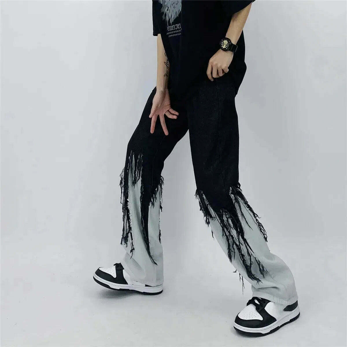 Y2K Grunge Fringed Straight Leg Jeans - Trendy Low Rise Baggy Style with Unique Buckles