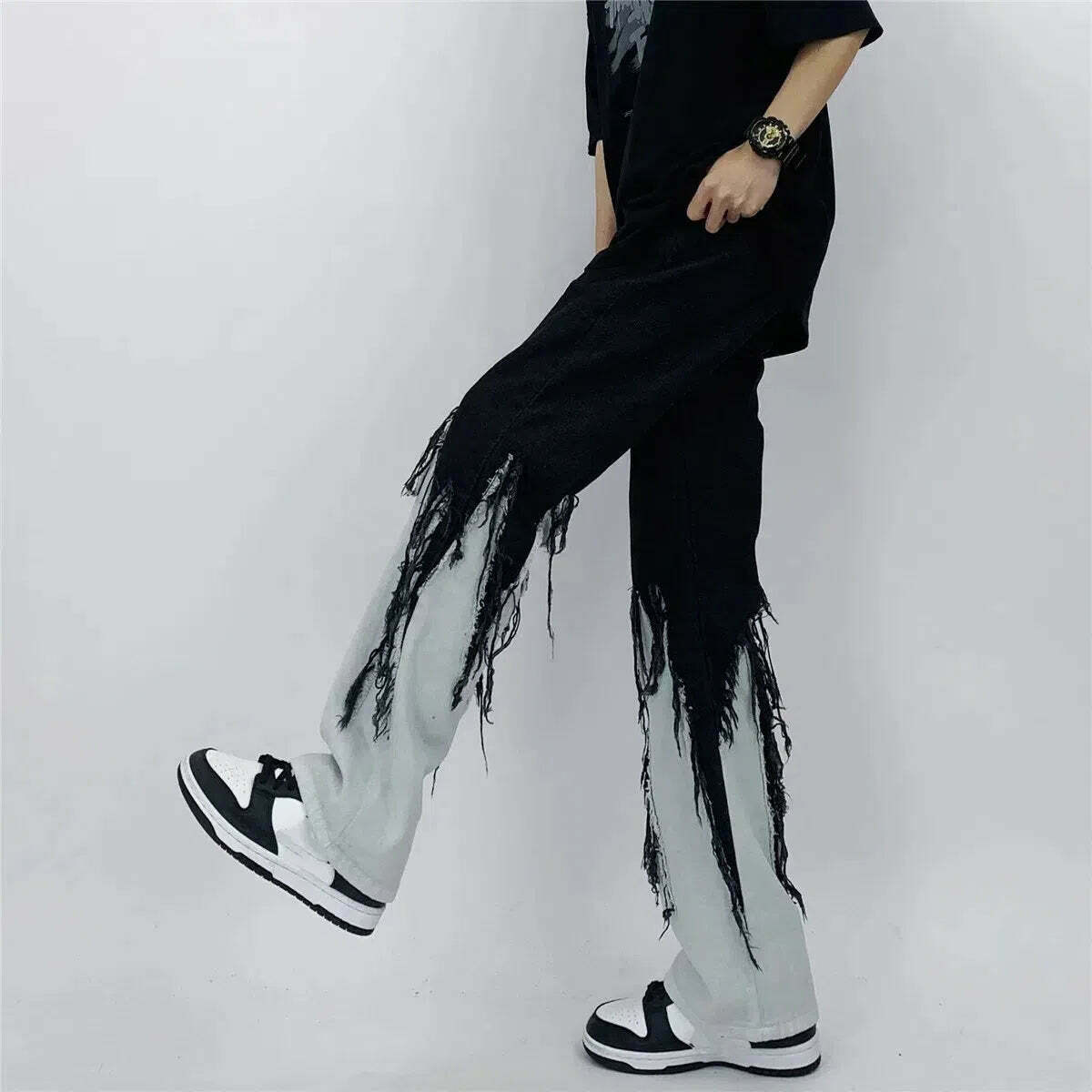 Y2K Grunge Fringed Straight Leg Jeans - Trendy Low Rise Baggy Style with Unique Buckles