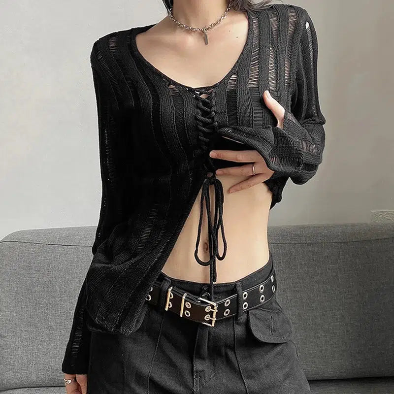 Y2K Grunge Sheer Lace Up Knitted Top - Lightweight Cropped Zip Up Hoodie for Trendy Outfits