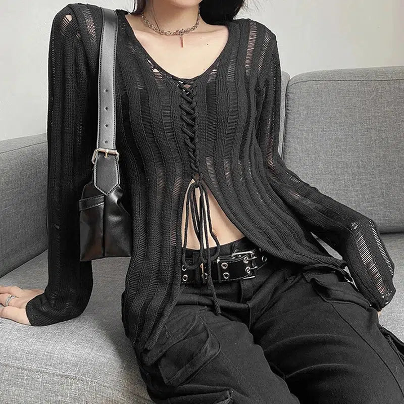 Y2K Grunge Sheer Lace Up Knitted Top - Lightweight Cropped Zip Up Hoodie for Trendy Outfits