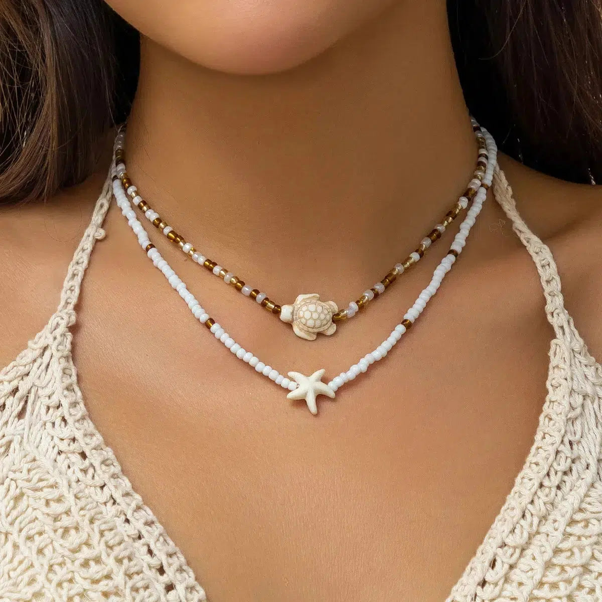 Y2K-Inspired Starfish & Turtle Beaded Necklace Set - Trendy Beaded Jewelry Duo