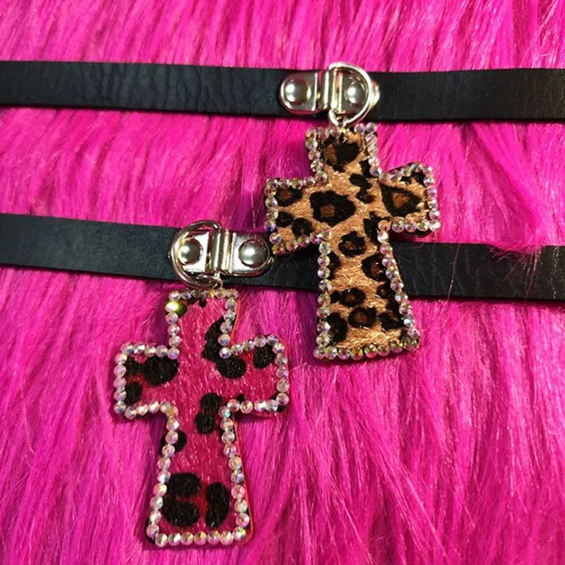 Y2K Leopard Print Cross Choker Necklace - Trendy Tamagotchi Style for Bold Fashionistas