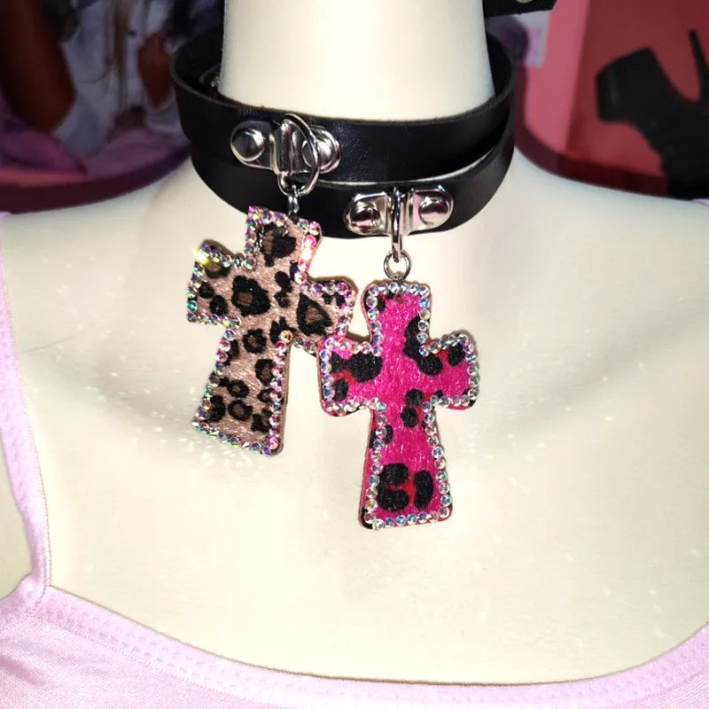 Y2K Leopard Print Cross Choker Necklace - Trendy Tamagotchi Style for Bold Fashionistas