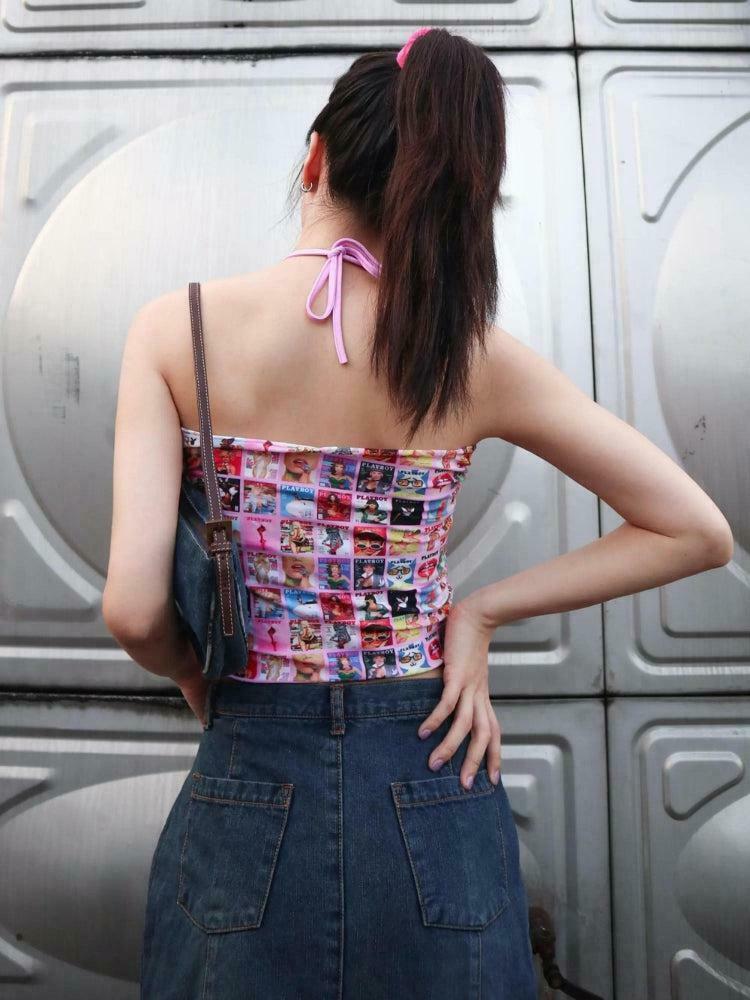 Y2K Magazine Covers Drawstring Top - Trendy Bow Tie Denim Tube Crop Top for Stylish Looks