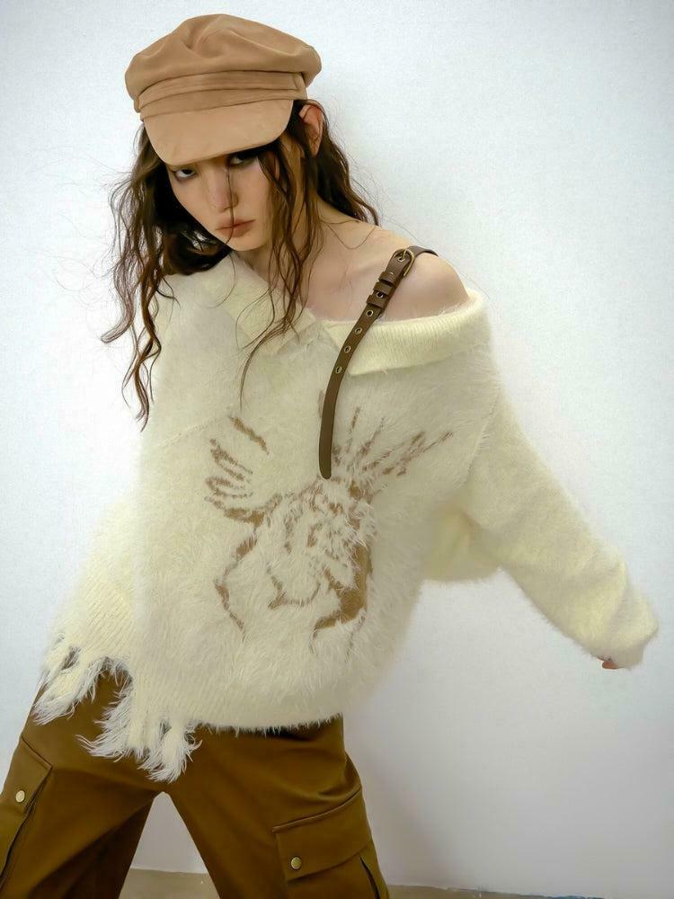 Y2K Off Shoulder Distressed Knit Sweater - Aesthetic Cream Cropped Design with Unique Embroidery