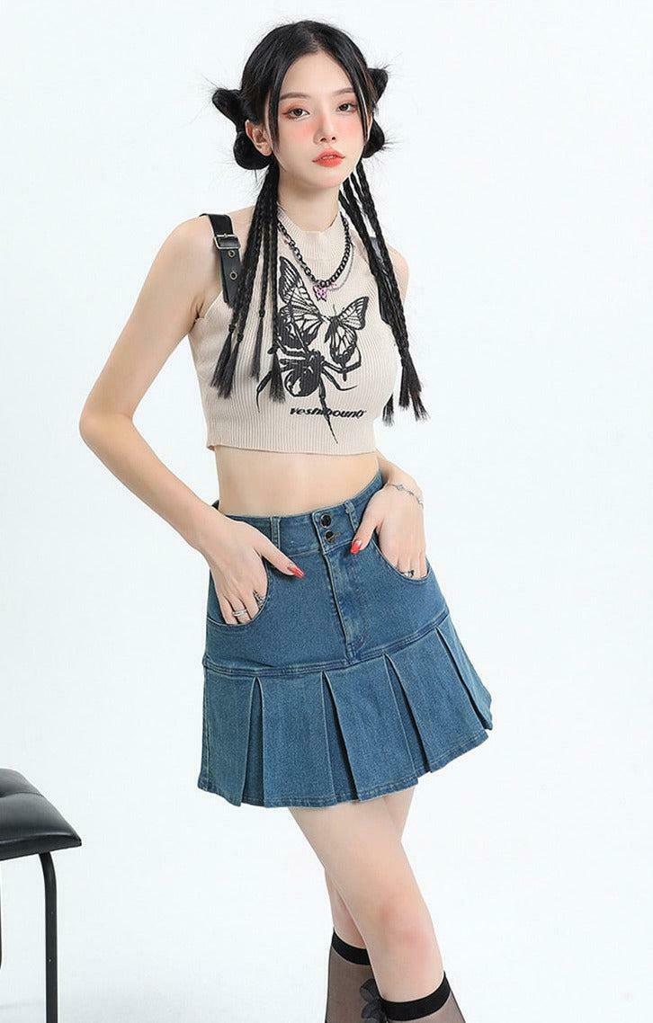 Y2K Pleated Denim Mini Skort with Slit - Stylish Khaki Pleated Skirt for Trendy Looks