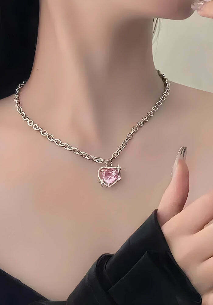 Y2K Shiny Heart Necklace - Dazzling Heart Pendant for Trendy Coquette Styles