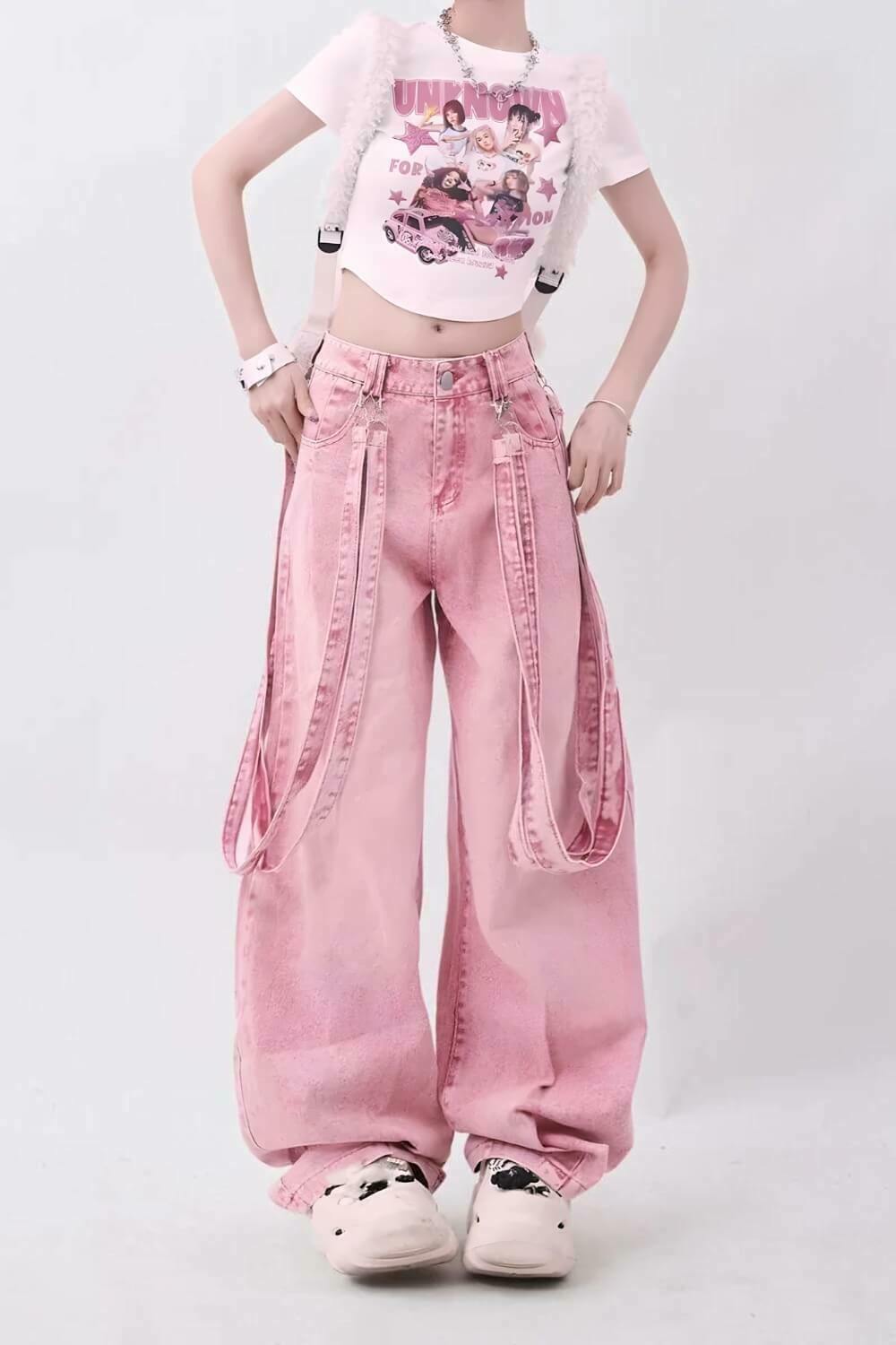 Y2K Soft Girl Double Belted Baggy Jeans in Brown Wash - Trendy Low Rise Buckle Style