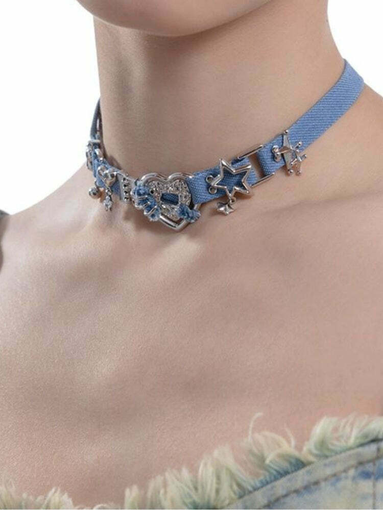 Y2K Sparkle Denim Choker Necklace - Trendy Denim Choker with Dazzling Accents for Stylish Looks