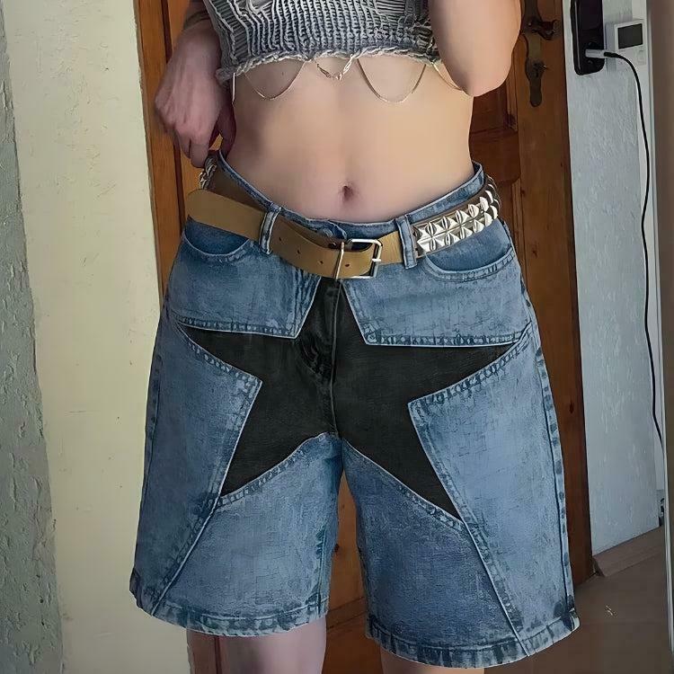 Y2K Star Jean Shorts with Rhinestone Fringe - Trendy Star Aesthetic for Stylish Outfits