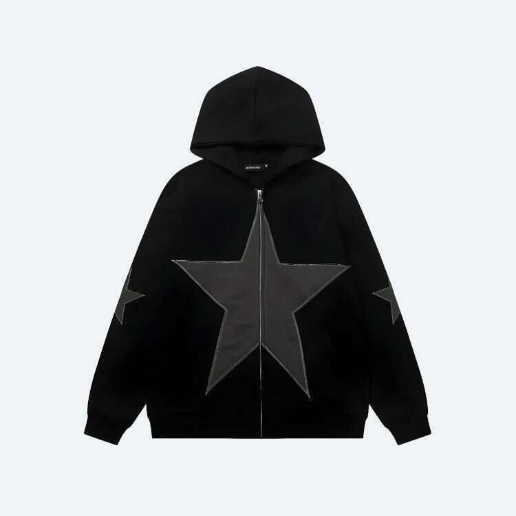 Y2K Star Patch Cropped Zip-Up Hoodie in Green, Brown, Purple, and Aesthetic Styles