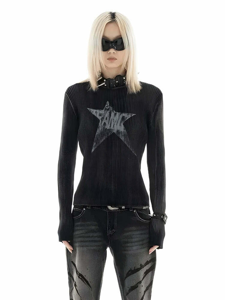 Y2K Star Tall Long Sleeve Corduroy Sweater - Aesthetic Skeleton Design for Trendy Style