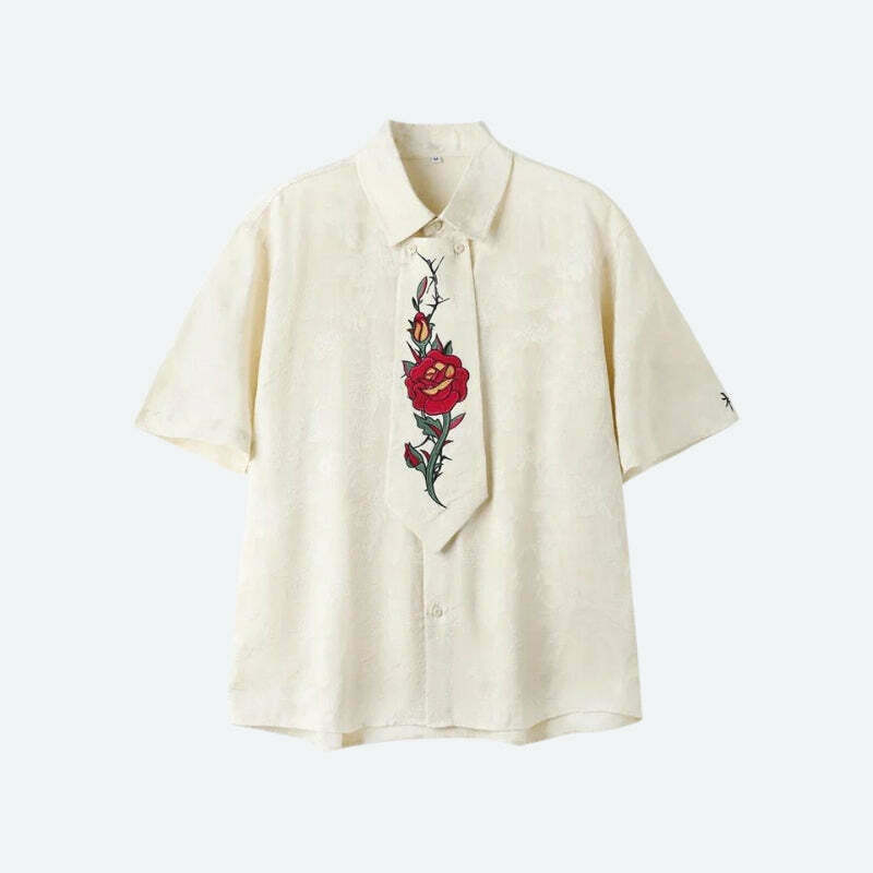 Y2K Style Rose Embroidery Tie Shirt - Cute Aesthetic Sweatshirt for Trendy Looks