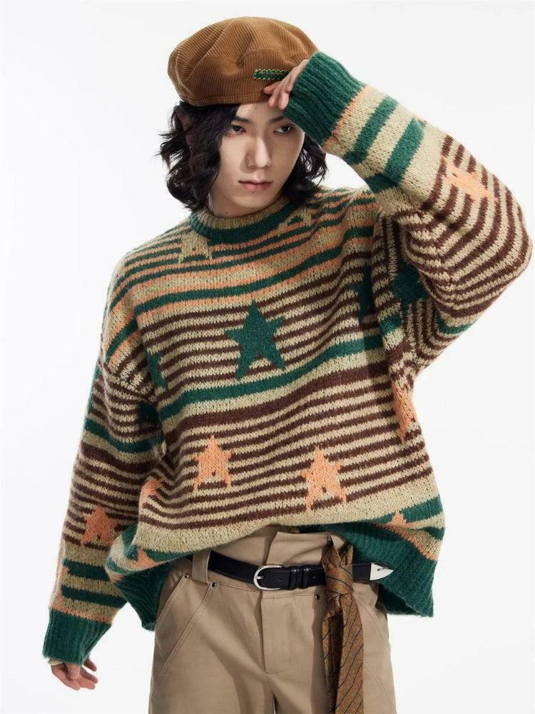 Y2K Vintage Stars Striped Knitted Sweater - Aesthetic Cat Hoodie for Trendy Fashion Lovers